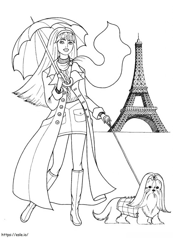 La niña paseando al perro y la Torre Eiffel en París para colorear