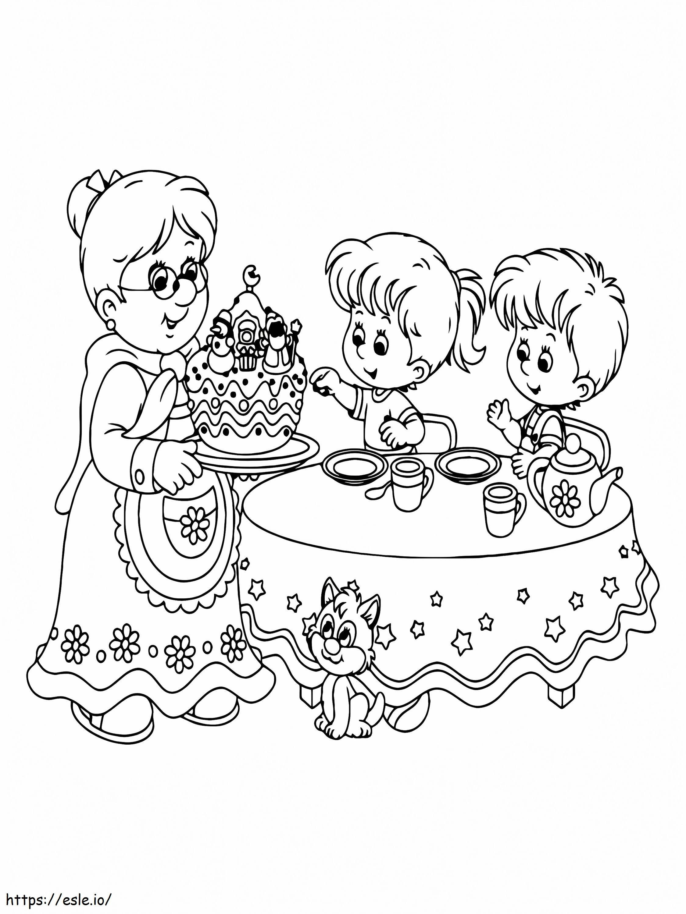 Happy Grandma And Children coloring page