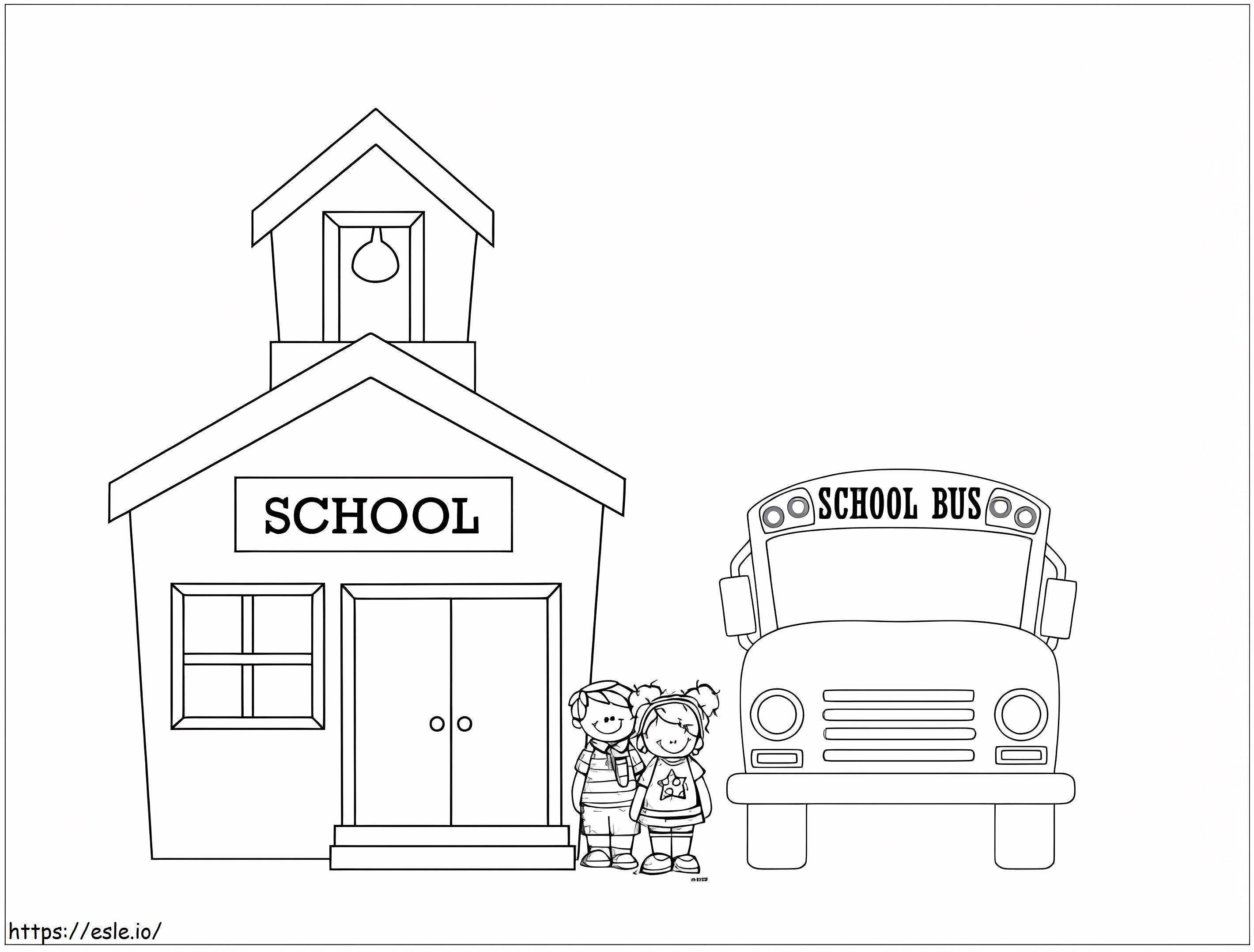 スクールバスと学校 ぬりえ - 塗り絵
