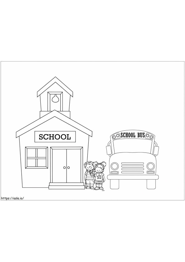 Autobús escolar y escuela para colorear