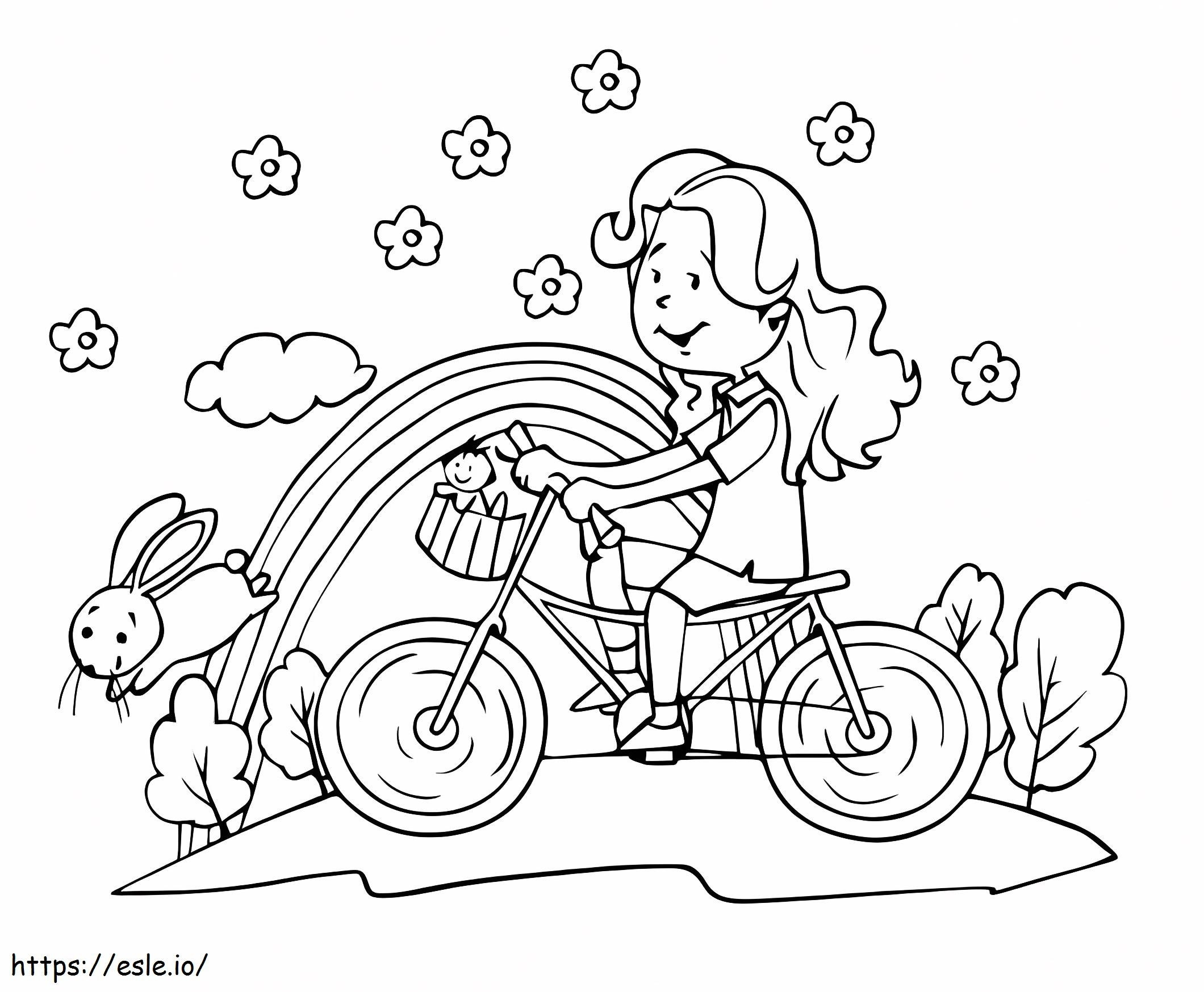 Söpö tyttö ajaa polkupyörällä värityskuva