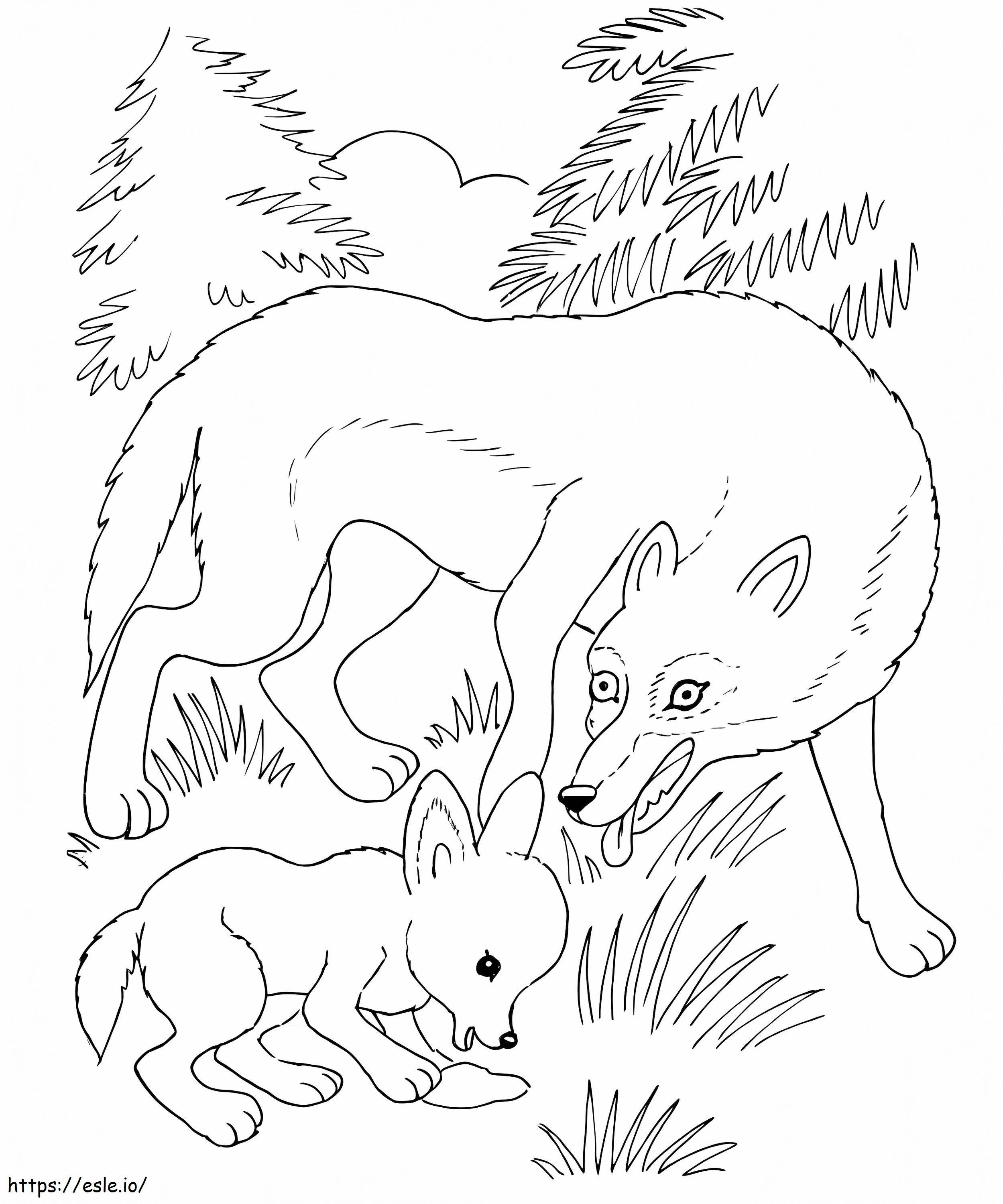 Madre y bebé lobo para colorear