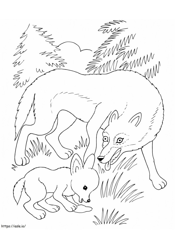 Mama și puiul de lup de colorat