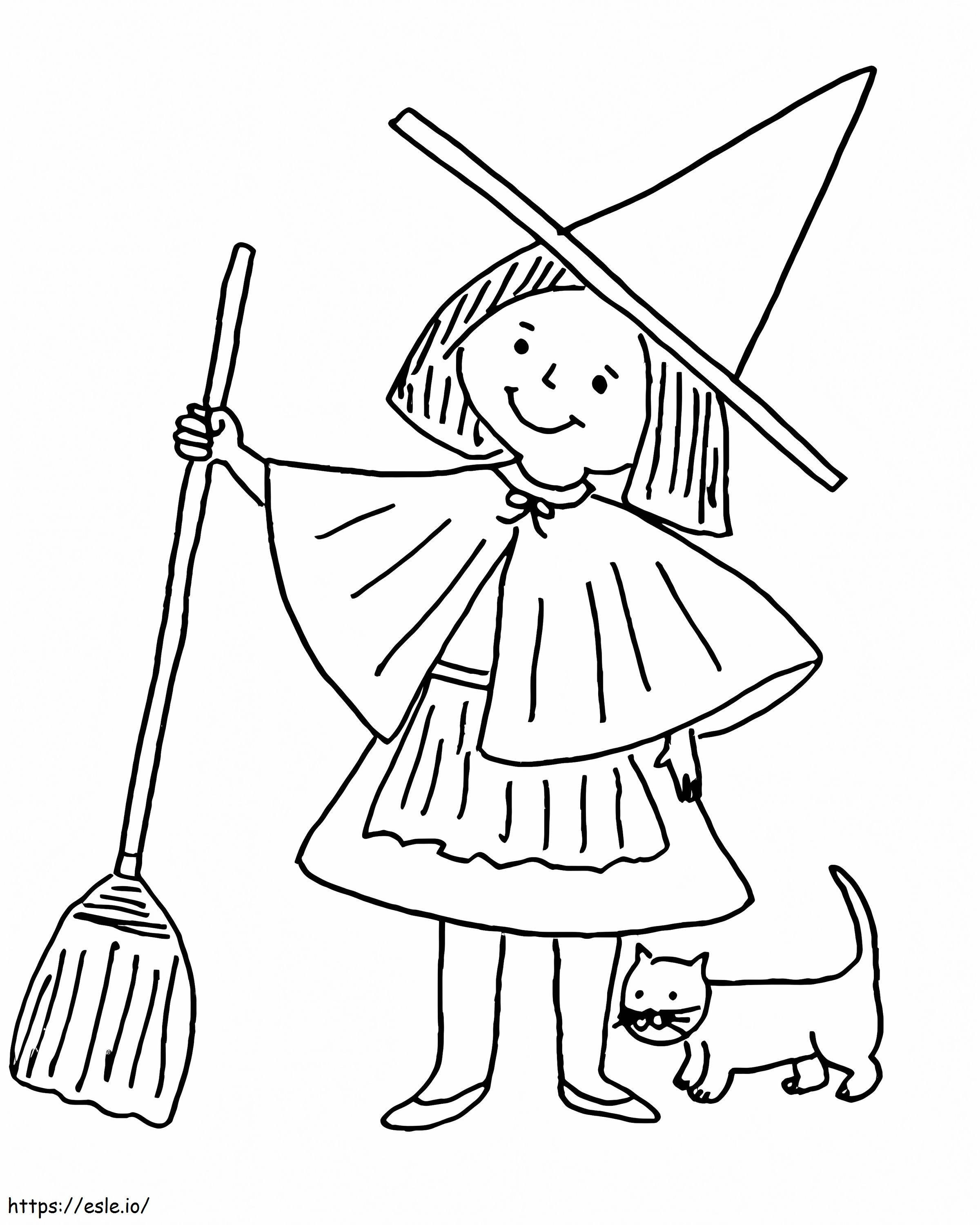 Drawing Of Witch Girl And Cat coloring page