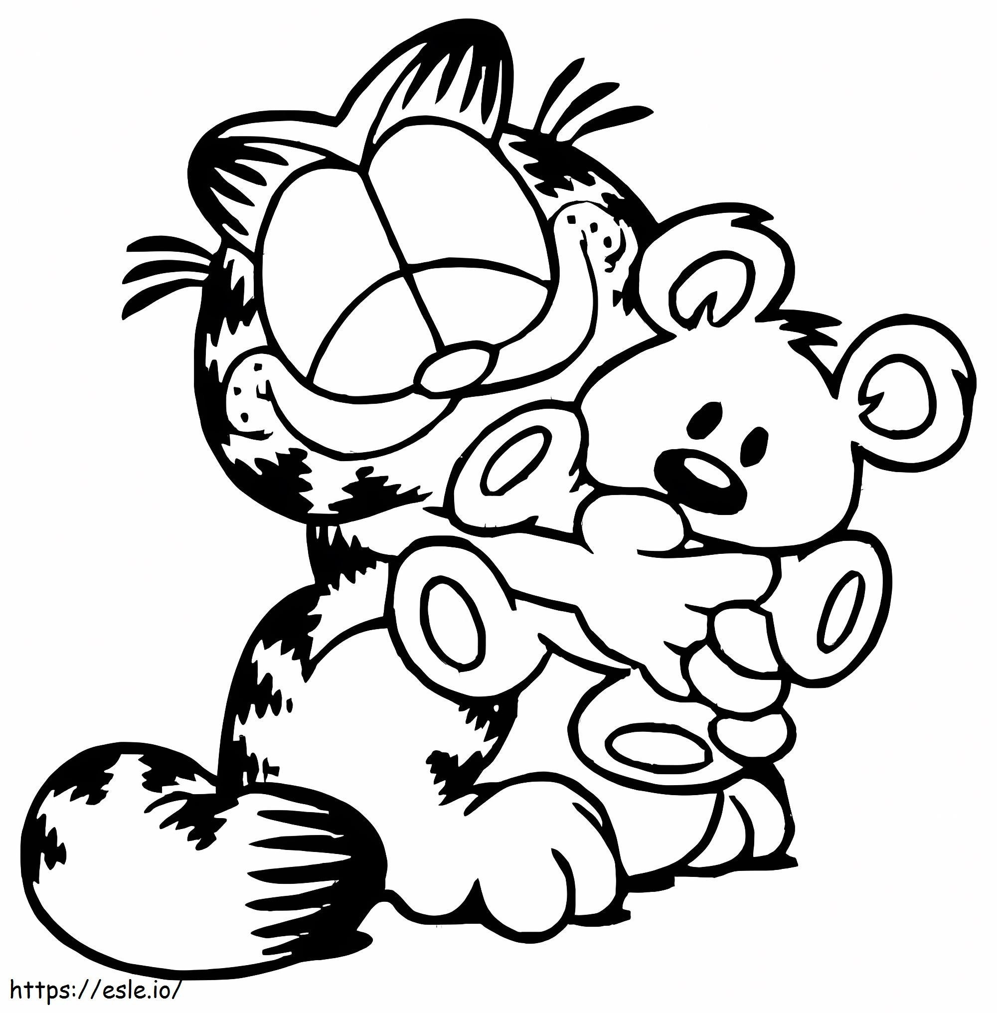 Happy Garfield Holding Teddy Bear coloring page