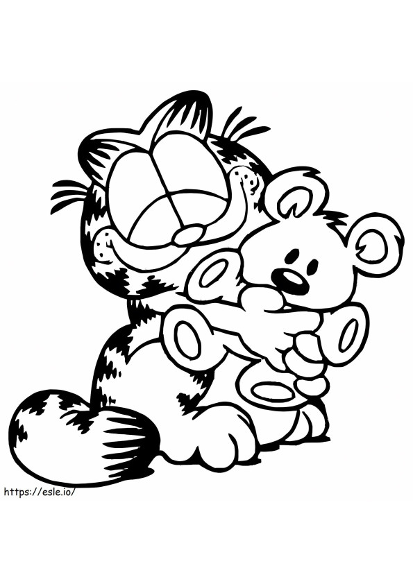 Garfield feliz segurando um ursinho de pelúcia para colorir