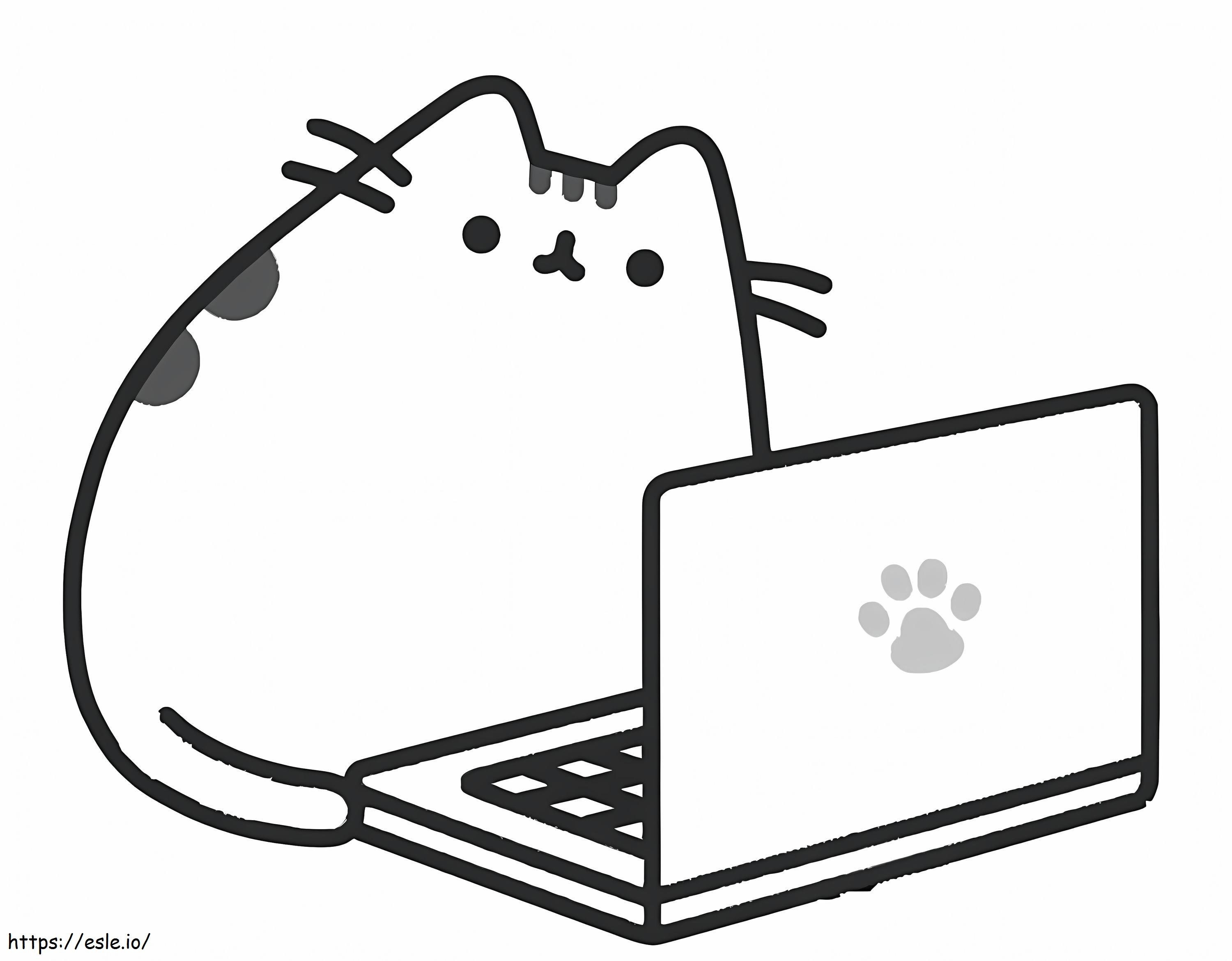 Pusheen Working With Laptop coloring page