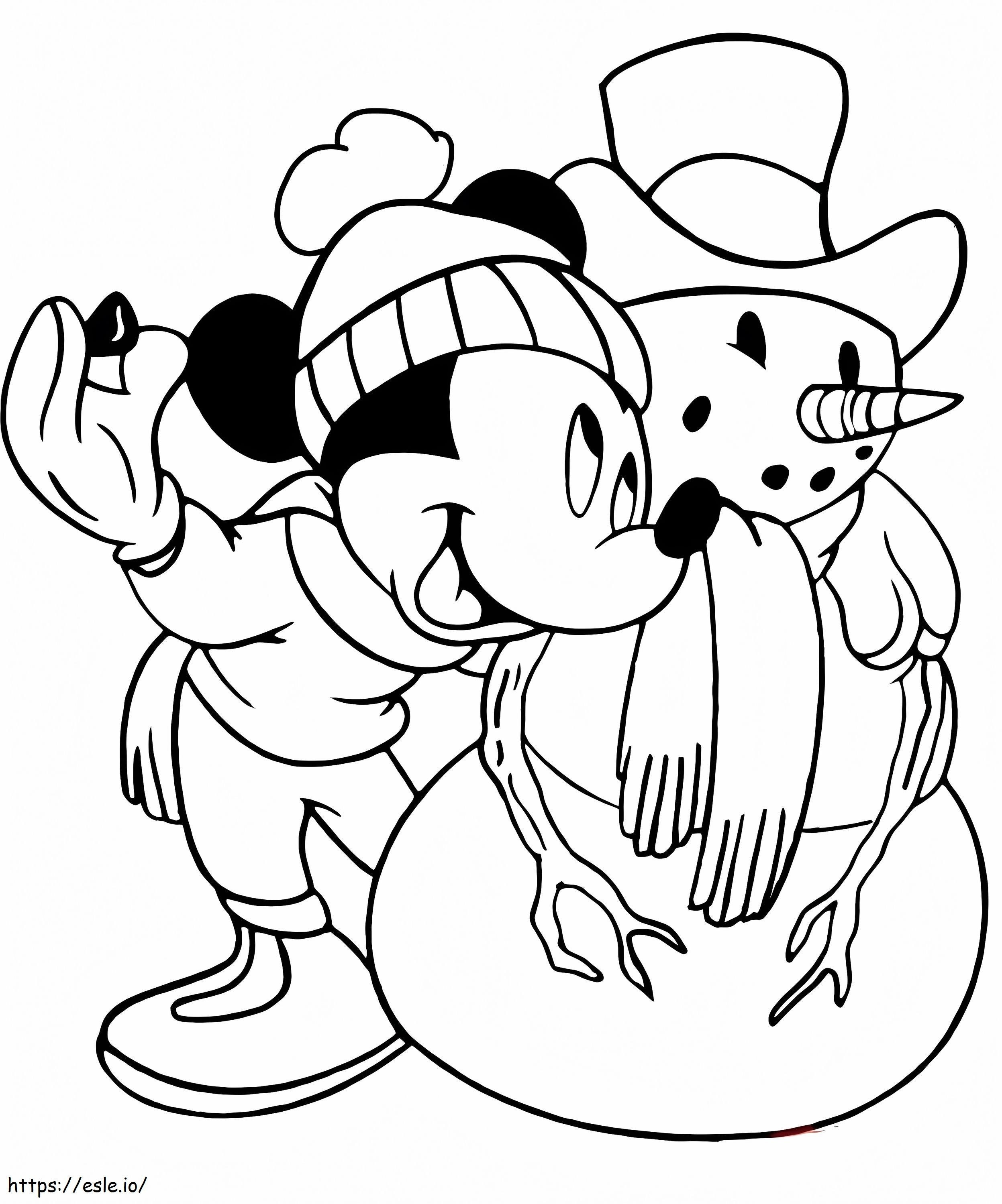 Coloriage Mickey et bonhomme de neige à imprimer dessin