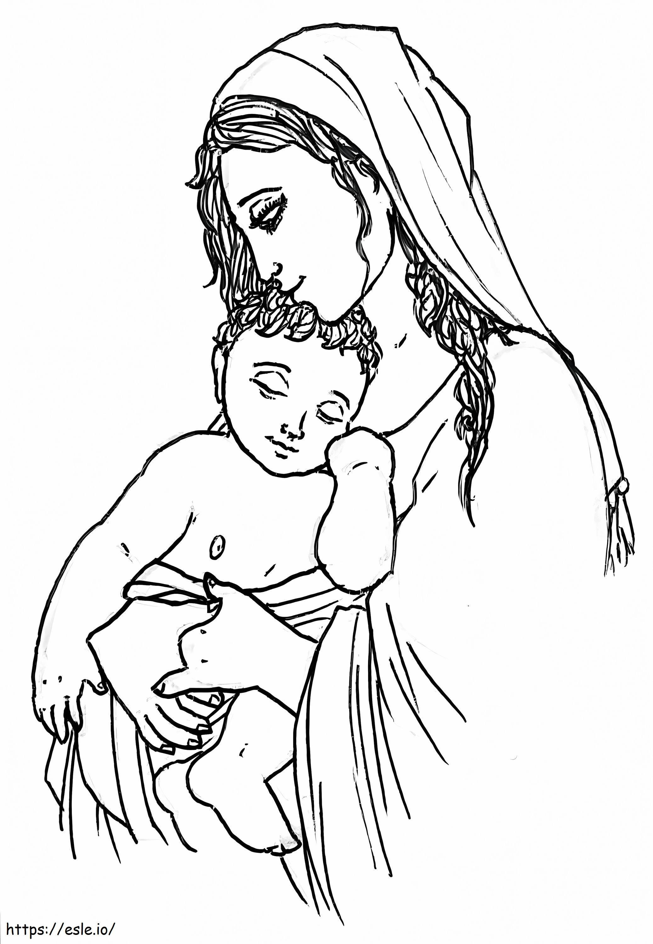 Maica Maria ținând în brațe Pruncul Iisus de colorat