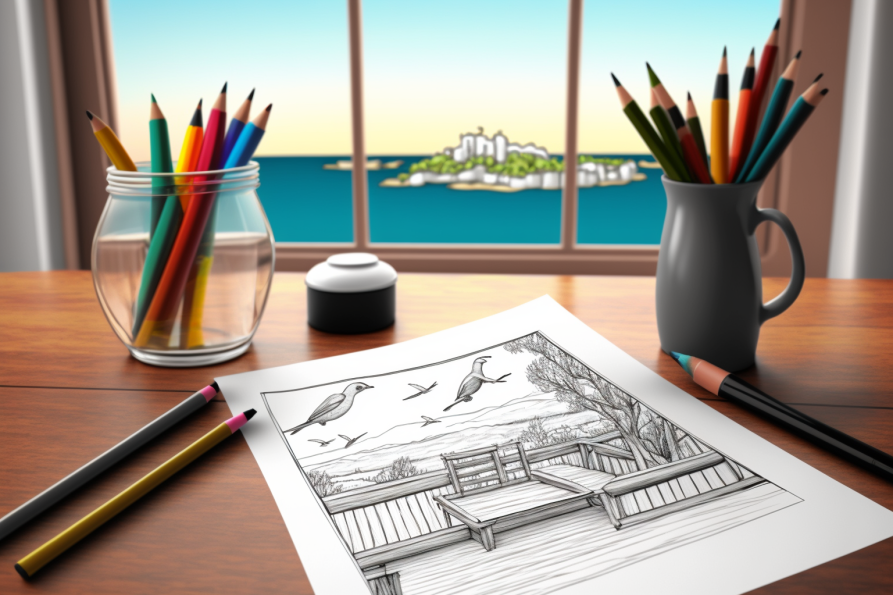 Coloring pages on table, pencils, markers